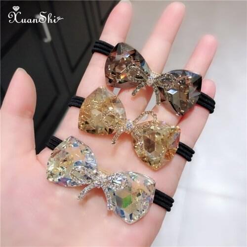 Crystal Bow Head Rope Hair Ring Exquisite Sweet Girl Ball Hair Rope Rubber Band Net Red INS Headdress
