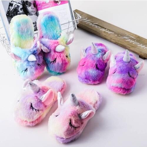 Winter Childrens Unicorn Slippers Baby Kids Shoes for Girl Boy Slippers Rainbow Soft Warm Furry Toddler Home Slippers Bedroom