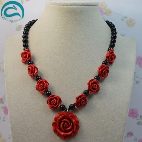 Unique Pearls jewellery Store Classic Black Agates Red Flower Necklace Handmade Fashio Ladys Party Jewelry