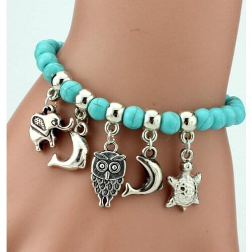 1pc Vintage Turquoises Bracelets for Women Men Cross Owl Elephant Pendant Beaded Bracelet Charms Jewelry Style Choose