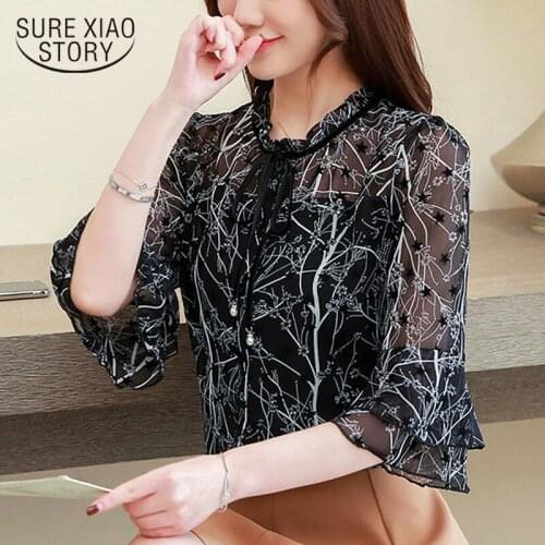 Womens Tops And Blouses 2021 Chiffon Blouse Shirts Women Black Ladies Tops Plus Size 4XL Bow Floral Stand Flare Sleeve 4953 50