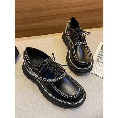 Decorative chain thick bottomed muffin shoes womens 2021 new black small leather high lace up single shoes