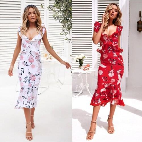 New Women Ladies Boho Floral Dress Summer Short Sleeve V Neck Ruffles Sexy Bodycon Bandage Sheath Dress Party Dress Sundress