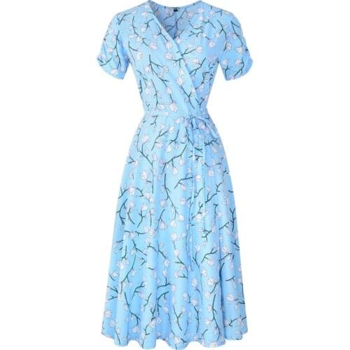 2021 Women Fashion Short Sleeve V-Neck Floral Print Slim Chiffon Dress Summer Bandage Beach Vestidos Mujer