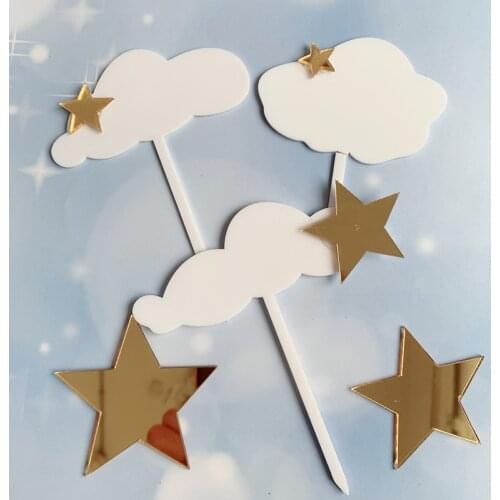 Gold Acrylic Birthday Cake Topper Golden Stars Moon Cake Toppers for Baby Birthday Party Cupcake Decoration