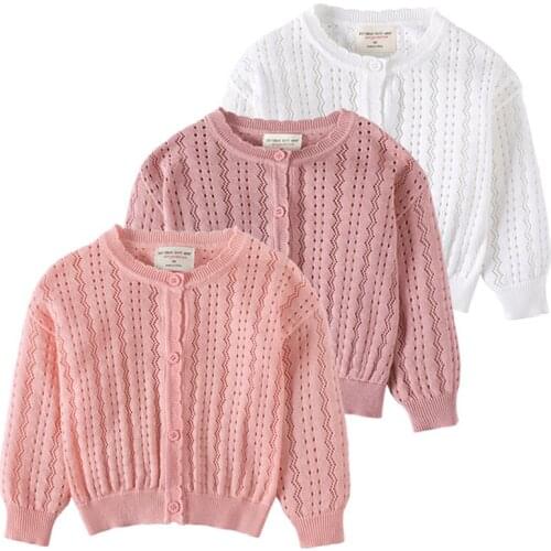 1-5Yrs Baby Girls Cardigan Knitting Cotton Autumn Solid Color Hollow Out Childrens Sweater Thin Kids Girls Cardigan Jacket