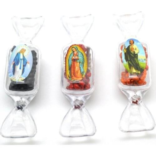Acrylic candy box with catholic figure Jude Guadalupe Mary wood bead small rosary bracelet