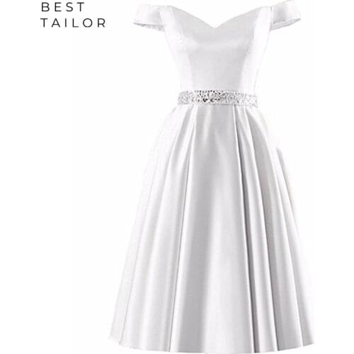 Satin White Short Cocktail Dresses 2021 Off The Shoulder Beaded Waist Homecoming Prom Gowns vestidos de graduacion formatura