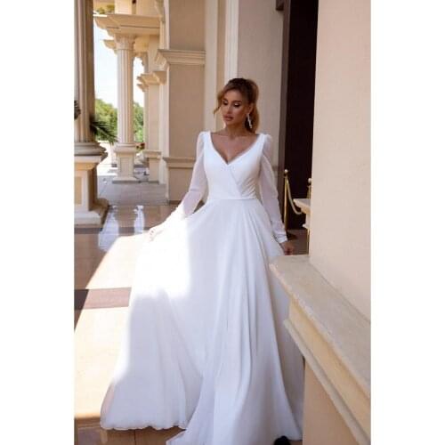White Satin Chiffon Long Sleeves V-Neck Floor-Length Wedding Dresses Chapel Train Custom Made Bridal Gowns