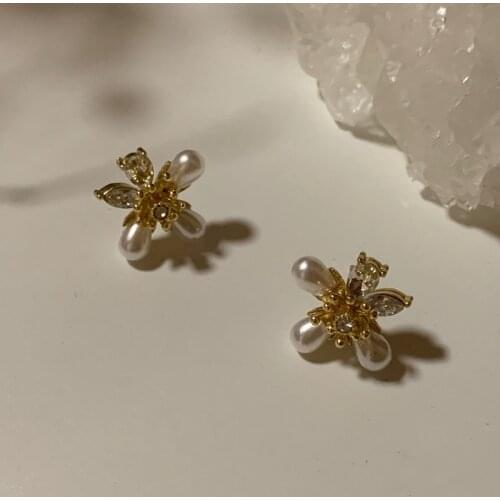 Besimpol Real s925 Silver Stud Earrings Elegant Zircon Pearl Tridimensional Flower Earrings For Women Party Fine Jewelry Gifts