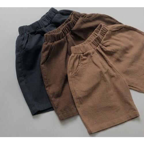 Korean Style Summer Childrens Solid Color Linen Cotton Knee Length Baby Boys Girls Trousers Kids Casual Shorts