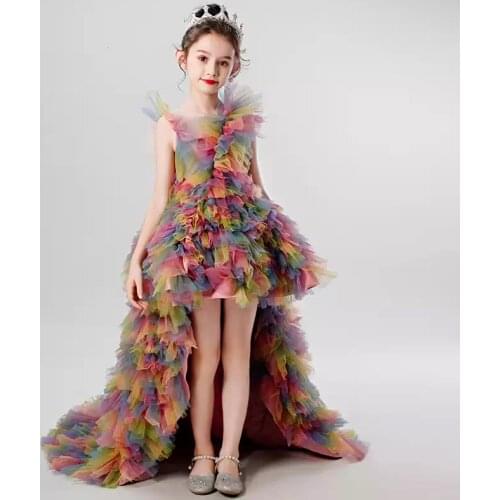 Flower Girl Dresses Illusion O-Neck Sleeveless Tiered Princess Knee-Length Tulle Lace Luxury Colorful Cute Kids Party Gown H479