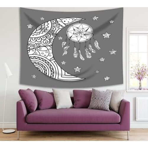 Tapestry Dreamcatcher Half Moon Stars Night Sky Geometric Pattern Ethnic Boho Style Artwork Black White Gray
