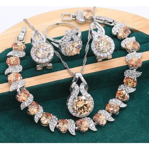 Classic 925 Sterling Silver Jewelry Sets For Women Champagne Zircon Bracelet Ear Clip Earrings Necklace pendant Ring Free Box