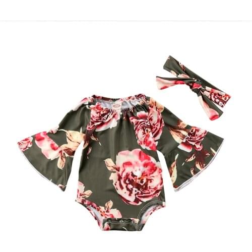 Newborn Baby Girls Flower Clothes Flare Sleeve Romper Jumpsuit Outfits