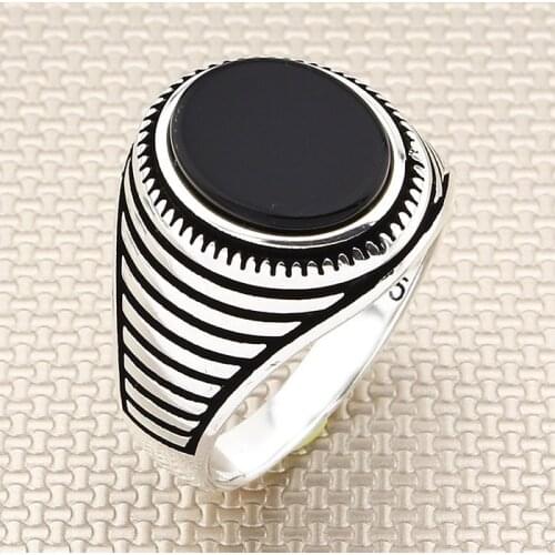 Round Black Onyx Stone Men Silver Ring With Symmetrical Motif Made in Turkey Solid 925 Sterling Silver