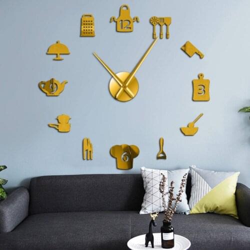 Kitchen tools Modern Large Wall Clock 3d Mirror Sticker restaurant 3d Wall Clock Quartz Quiet Clock Decorative Wall Sticker
