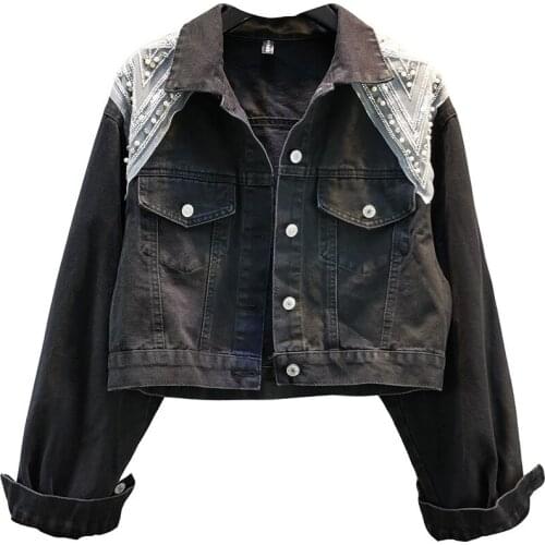 YUZACDWX 2021 New Arriva Spring coat Girl Mesh stitching beaded Denim Jacket long sleeve casual chic jacket coat women