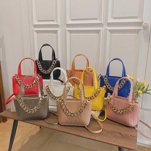 9 Colors Summer New Solid Color Striped Women Pleated PU Leather Handbag Fashion Thick Chain Decoration Messenger Shoulder Bag