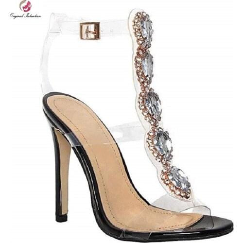 Fashion PVC Peep Toe Women Sandals Rhinestones Buckle Strap High Heels Women Pumps Shoes Femmes Party Sandals Plus Size 35-43
