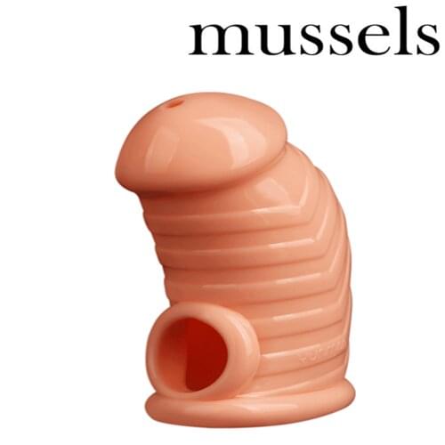 Mussels Male TPE Chastity Device Lock Mens Bird Cage Belt Scrotum Soft Cock Cage Ring On Penis Lock Ring Trainer Intimate Goods