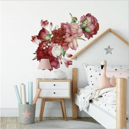 1Pcs Red Peony Flowers Wall Stickers For Livingroom Bedroom Porch Home Beautification Decorative Wall Decals 40*60cm