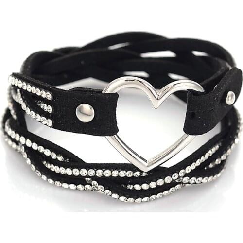 New Arrival Braided Rope Double Leather Bracelet With Crystal And Heart Charm Adjustable Bracelet Fashion Jewelry for Women
