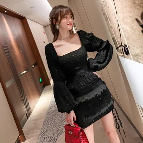 New arrival fashion spring autumn women lantern sleeve sexy square neck sequin dress elegant temperament OL slim black dress