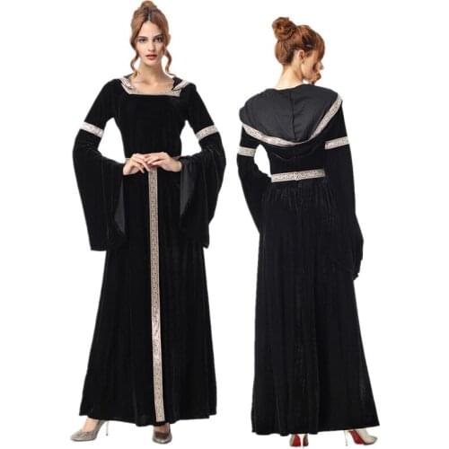 Luxury Medieval Court Retro Witch Costume Halloween Carnival Witch Cosplay Black Velvet Hooded Long Dress