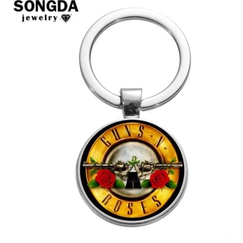 SONGDA Trendy Old Rock Keychain Gothic Punk Skull Band Logo 3D Printed Glass Cabochon Pendant Key Ring Motorcycle Car Key Chain