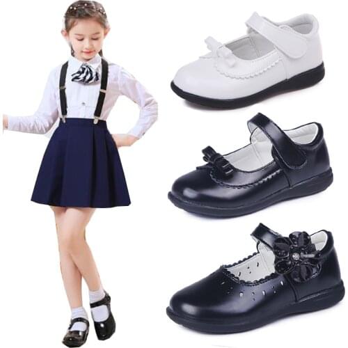 Flower Children Girls White Black Leather Shoes For Teens Girls School Party And Wedding Dress Dance Shoes New 2019 4-12 Years