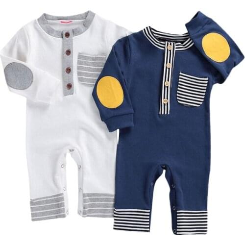 Woshilaocai 0-24M Newborn Baby Girls Boys Rompers Solid Striped Patchwork Long Sleeve Pocket Cotton Jumpsuits One Piece Playsuit