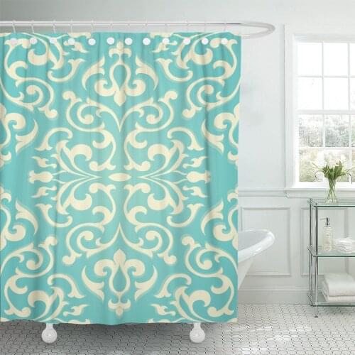 Blue Indian Oriental Abstract Templates Floral Pattern on Turquoise Shower Curtain Polyester 60 x 72 inches Set with Hooks