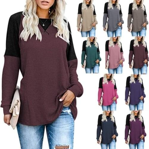 New autumn and winter womens European and American long-sleeved stitching round neck casual T-shirt loose top