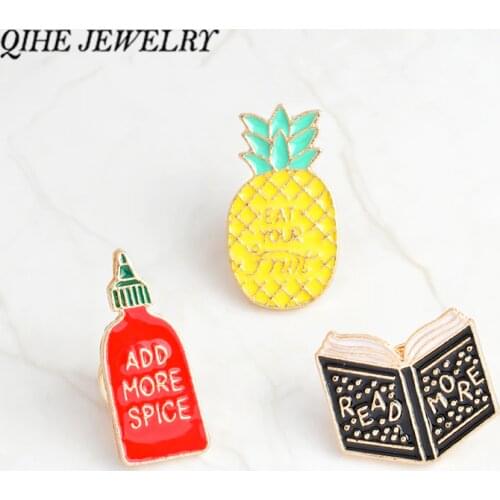 QIHE JEWELRY Enamel pins Book pineapple spice bottle pins Book badges funny pins jewelry
