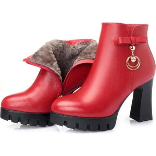 2019 New Autumn Winter Fashion Rhinestone Bow Women Boots Banquet Wedding Shoes Woman Genuine Leather Boots Warm High Heel Boots