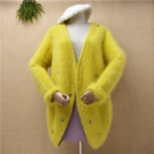 Ladies women fashion yellow v-neck mink cashmere knitted long sleeves beading loose cardigans angora fur jacket coat sweater top