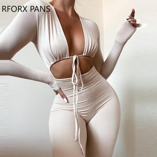 Women Soild Basics Long Sleeve Crop Lace-up Skinny Jumpsuit