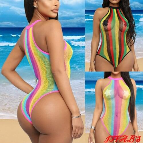2019 Women One-piece Bikini Summer Beach Rainbow Color Swimsuit Striped Swimwear Bathing Suit Bikini Beachwear Costume