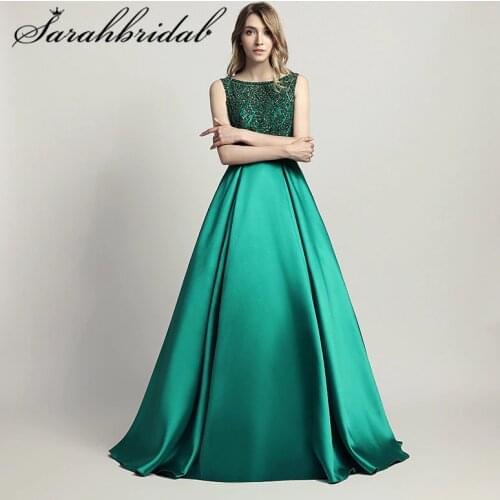 Elegant Beaded Women Evening Party Ceremony Dresses Long Dubai O Neck Satin Floor Length A Line Formal Prom Gown Vestidos LX443