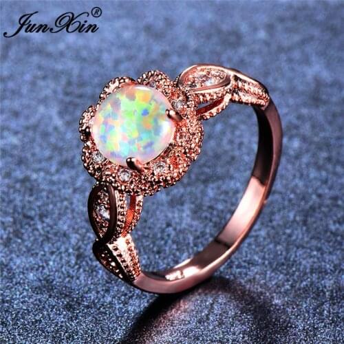 JUNXIN Cute Female Infinity Ring Fashion Engagement Ring White Fire Opal Stone Ring Vintage Rose Gold Filled Wedding Jewelry