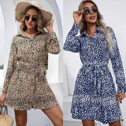 Women Robe Femme Spring Autumn Print A-Line Dresses Single-Breasted Bandage Long Sleeve Slim Dress For Woman Vestido De Mujer