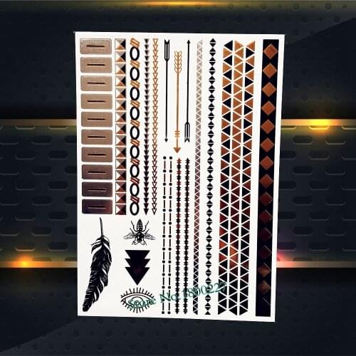 Gold Brown Metallic Tattoo Indian Arrow Necklace Grid Link Bracelet Design Waterproof Fake Insect Temporary Tattoo Sticker PYH44