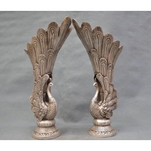 14'' China Silver Bronze Peacock Vase a pair of Bronze Statue Healing Medicine Decoration 100% Brass Bronze