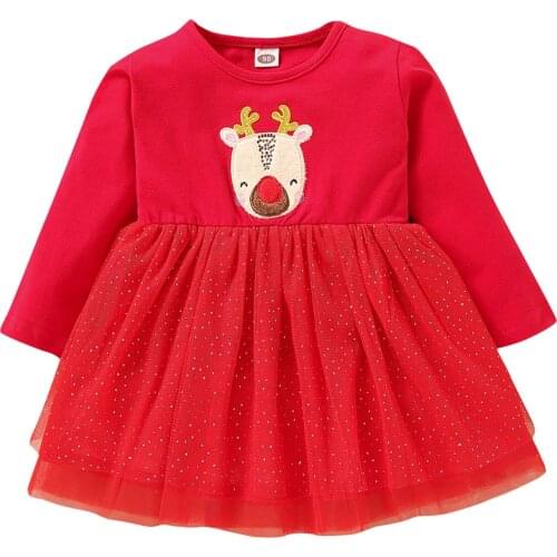 2021 0-4Y Toddler Girls Christmas Dress Red Cartoon Elk Applique Pattern Round Collar Long Sleeve Yarn Hem Tulle Tutu Dress