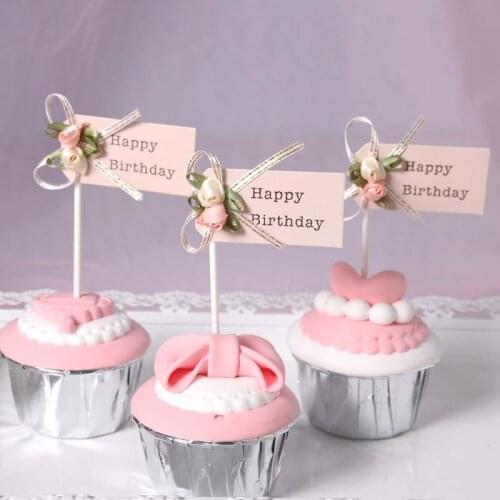 3pcs Pink Happy Birthday Cupcake Topper Bowknot Flower Wedding Cake Topper For Girls Birthday Party Cake Decorations Baby Shower