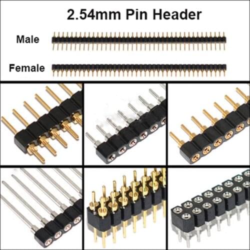 5PCS 2.54mm Pitch Round Hole Pin Header Male Female Single Row 1*40P Double Row 2*40P Gold Plated Round Pin Header