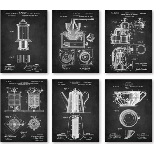 6 in 1 vintage patent art prints on coffee making coffee pot mill beans wall decor unframed