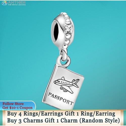 Ahthen 925 Sterling Silver Beads Passport Travel Dangle Charms Pendant fit Original Pandora Bracelets Women Jewelry Girl Gift