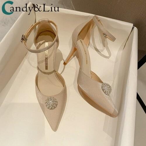 Beige Sandals High-heeled Womens Spring/summer 2021 New One-word Button Pearl Ball Water Drill Temperament Casual Single Shoes